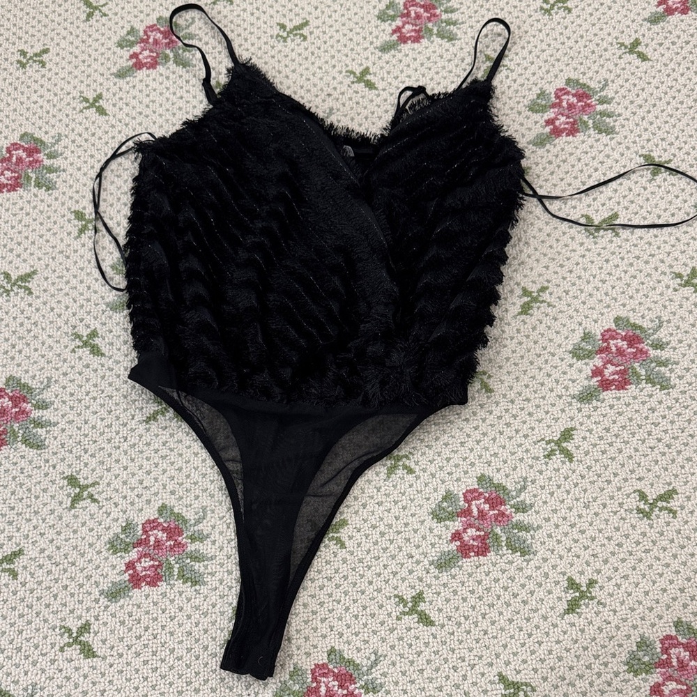 Astr Black Textured Lace-Trim Bodysuit